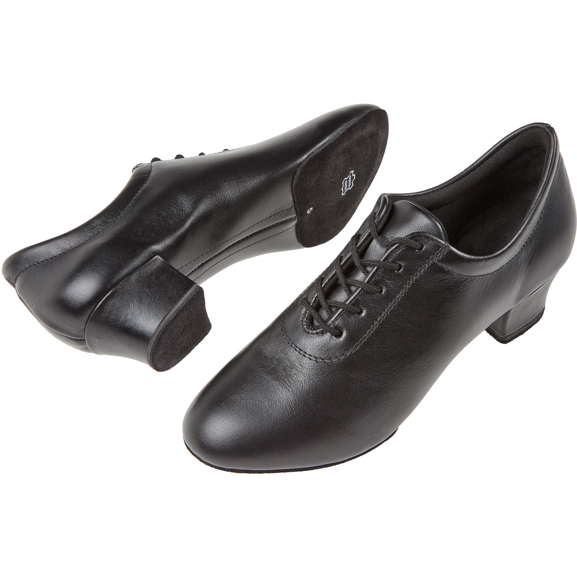 Diamant 189 Leder Tanzschuhe in Schwarz: Schwarze Steppschuhe mit Schnürsenkeln, niedrigem Absatz, aus verschiedenen Blickwinkeln gezeigt.